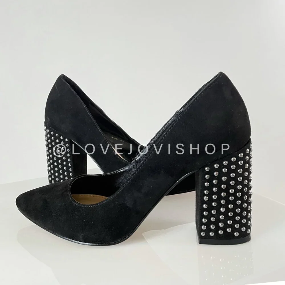 Minimalist | Jessica Simpson Black Suede Pumps | Studded Block Heel | Like New 6